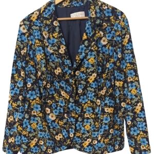 Coquette Retro Floral Blue and Yellow Corduroy Women's Blazer Easter Jacket